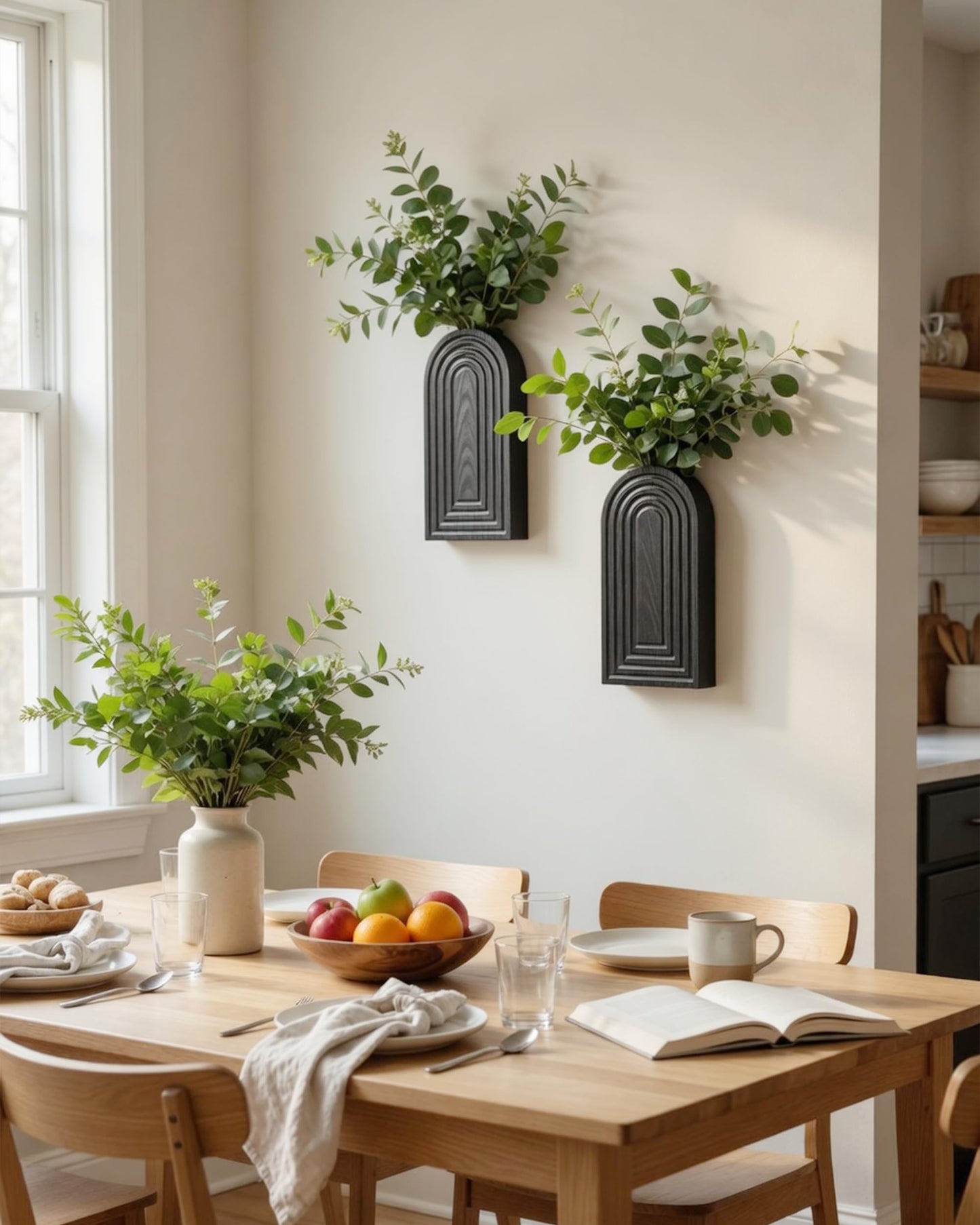 2 Pack Wooden Wall Vase Set - Boho & Modern Farmhouse Wall Decor, Hanging Planter for Indoor Plants & Flowers, Wood Mounted Art for Living Room, Bathroom, Hallway, Home Decor (Black, Large)