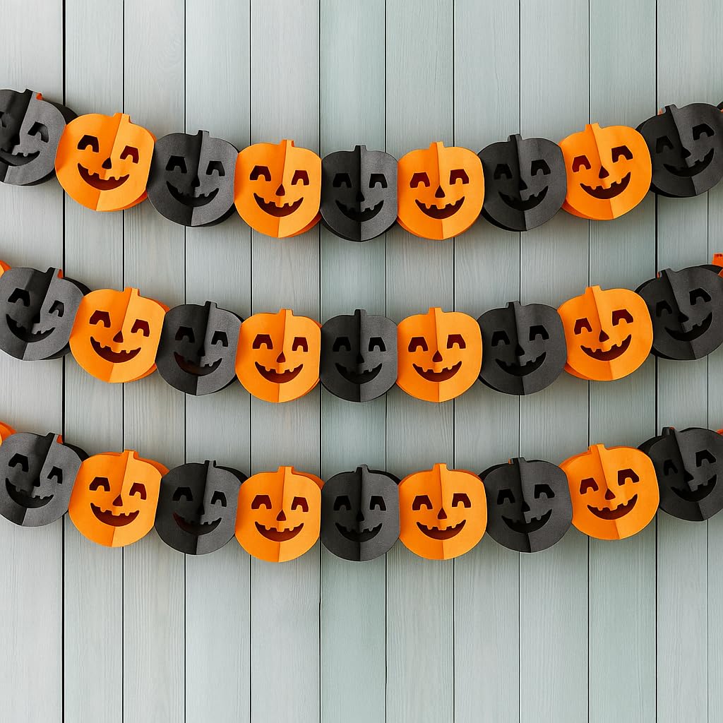 KatchOn, Long Pumpkin Halloween Garland - 10 Feet, 3 Strings, No DIY | Black and Orange Pumpkin Garland for Halloween Party Decorations