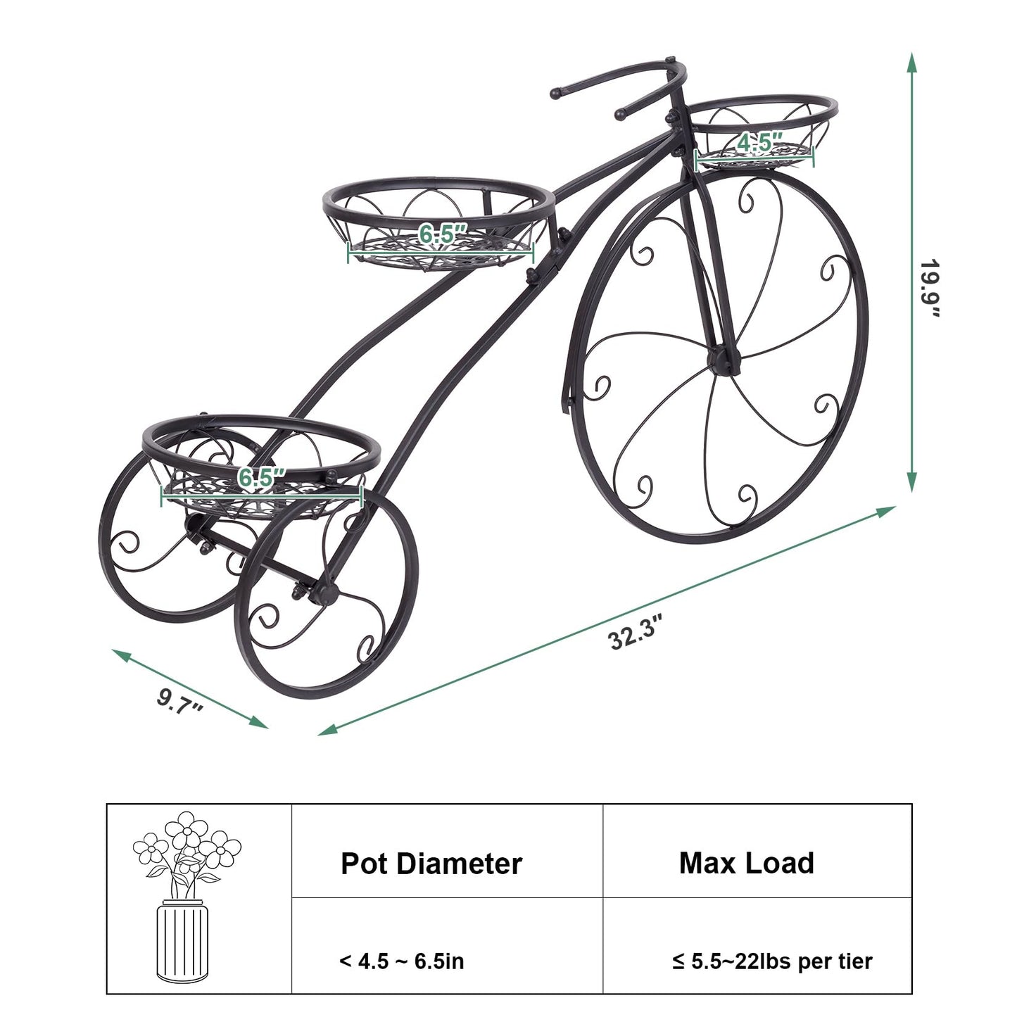 unho Tricycle Iron Planter Stand: 3 Potted Bicycle Shape Plant Flower Pot Rack Metal Display Shelf Holder for Patio Garden Indoor Outdoor