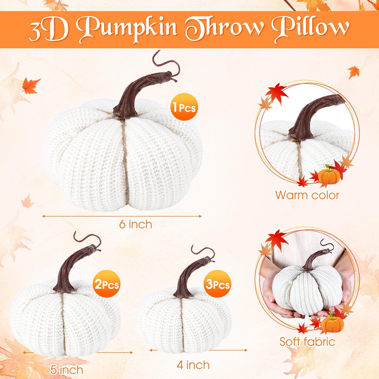 HunnmingRe 6 Pcs Thanksgiving Decor White Crochet Pumpkins Large 6 Inch Faux Fall Pumpkin Decor for Thanksgiving Farmhouse Autumn Rustic Mantel Table