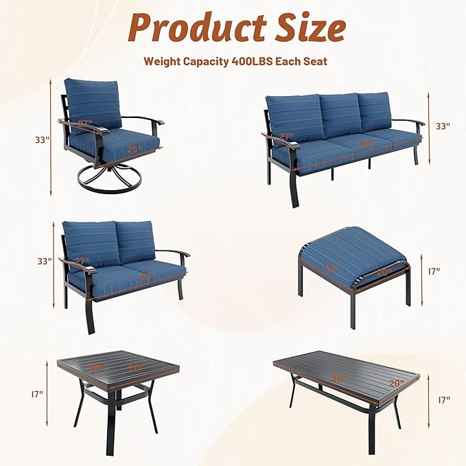 HOMREST Patio Furniture Sets 7 PCS Outdoor Metal Conversation Sets, 360 Degree