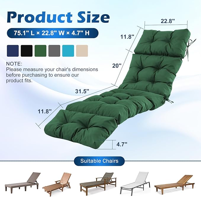 Chaise Lounge Cushions Outdoor, Waterproof & Fade Resistant Patio Lounge Chair