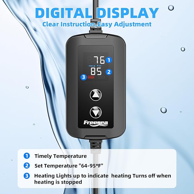 FREESEA Aquarium Heater for Fish Tank: 100W/200W/300W/500W Submersible Fish Tank Heater with Over-Temperature and Off-Water Protection for 75-120 Gallon Saltwater and Freshwater