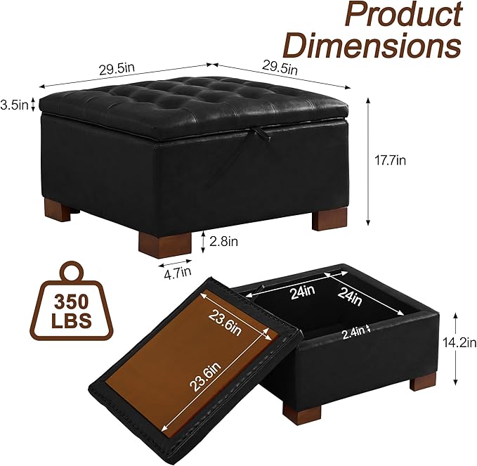 WUTUTUEE 30" Faux Leather Square Storage Ottoman