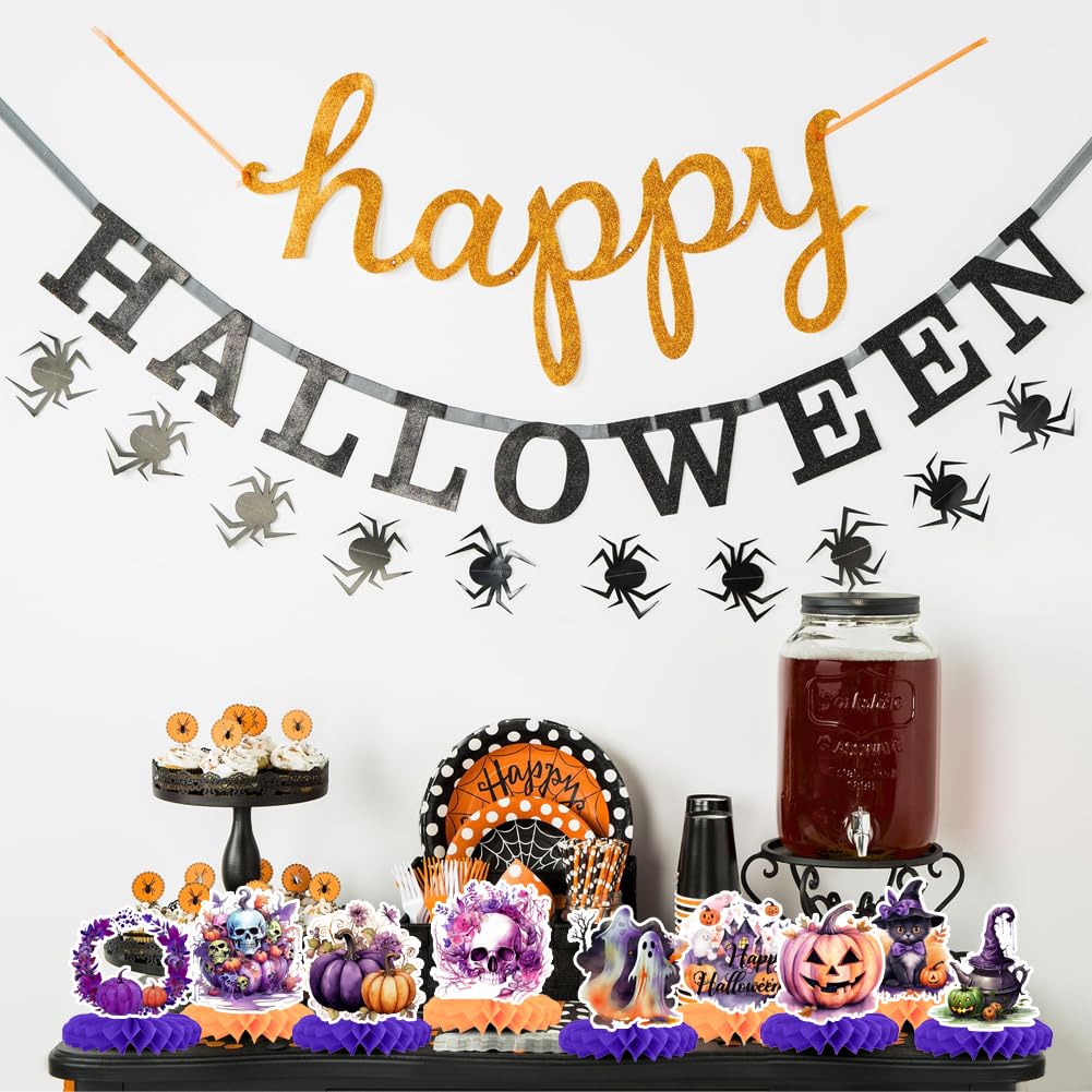 9 PCS Halloween Honeycomb Centerpieces for Table Decoration,Evil Pumpkin Skull Ghost Black Cat 3D Table Topper Sign Purple Orange for Happy Halloween Party Favor Bar Haunted House Decoration