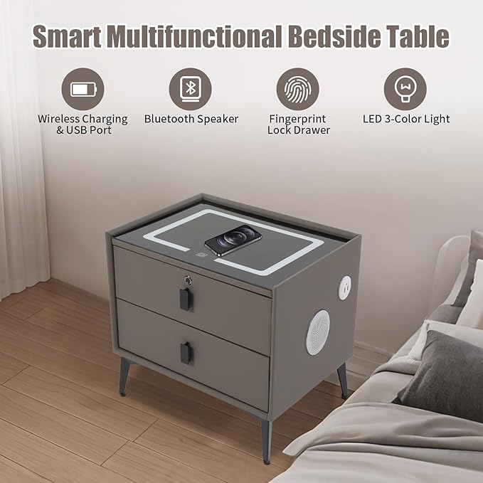 Smart Nightstand with Charging Station, Adjustable LED, USB Ports, Fingerprint