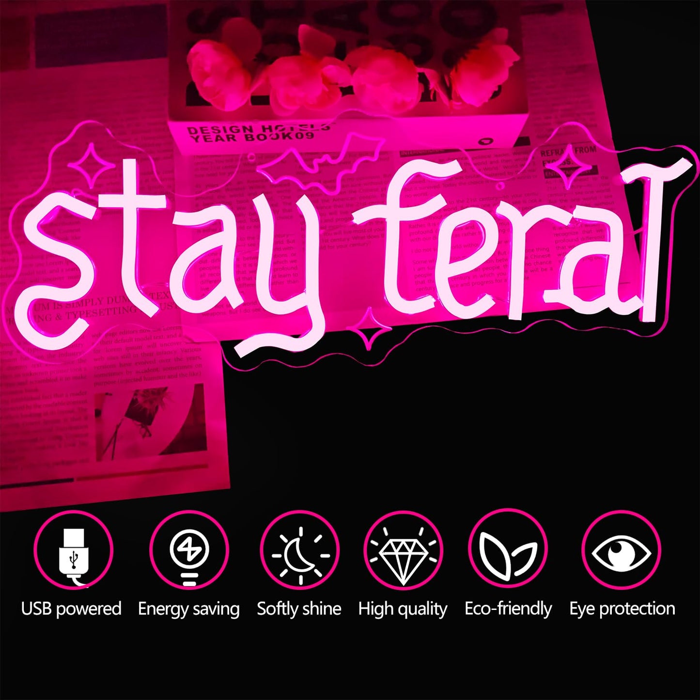 Stay Feral Neon Sign for Wall Decor Feral Led Sign Gothic Decor Dark Art Neon Light Signs Bat Light Up Sign for Bedroom Girl Goth Lover Halloween Decoration