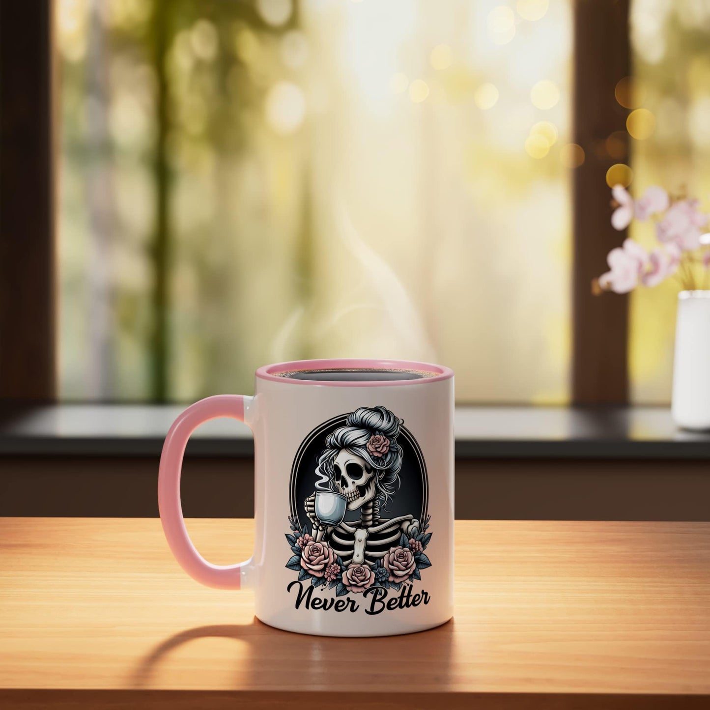 Never Better Messy Bun Skeleton Coffee Lover Halloween Funny Ceramic Mug, Pink/White
