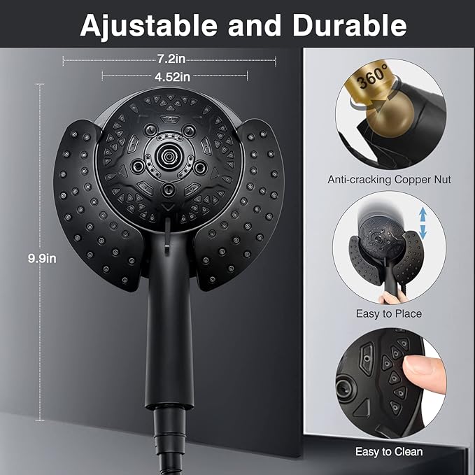 INAVAMZ Shower Head with Handheld High Pressure: Hand Held Shower Head & Rain Shower Head 2-IN-1 Shower Head with 59" Rotatable Stainless Steel Hose, Shower Trim Systems, Black 1.8 GPM 15391