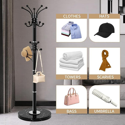 Metal Heavy Duty Coat Rack Stand, Modern Freestanding Coat Rack with Natural Marble Base, 360° Roraty Coat Racks with 16 Hooks, Black Coat Hall Tree Hanger Stand for Entryway, Office