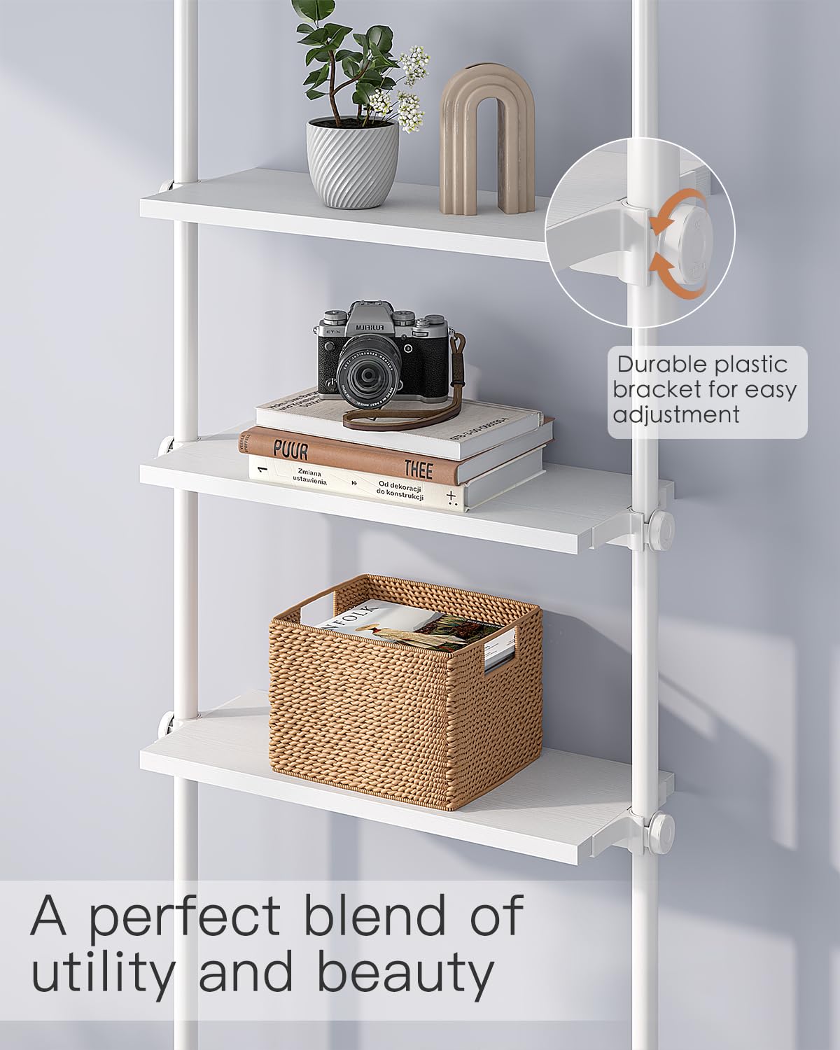 ALLZONE Adjustable Tall Narrow Bookshelf, 5-Tier Floor-to-Ceiling Tension Mount Ladder Book Shelf with Storage for Versatile Uses, Fits 92-116 Inch Ceilings, 27.84-Inch Wide Wood Shelves, White