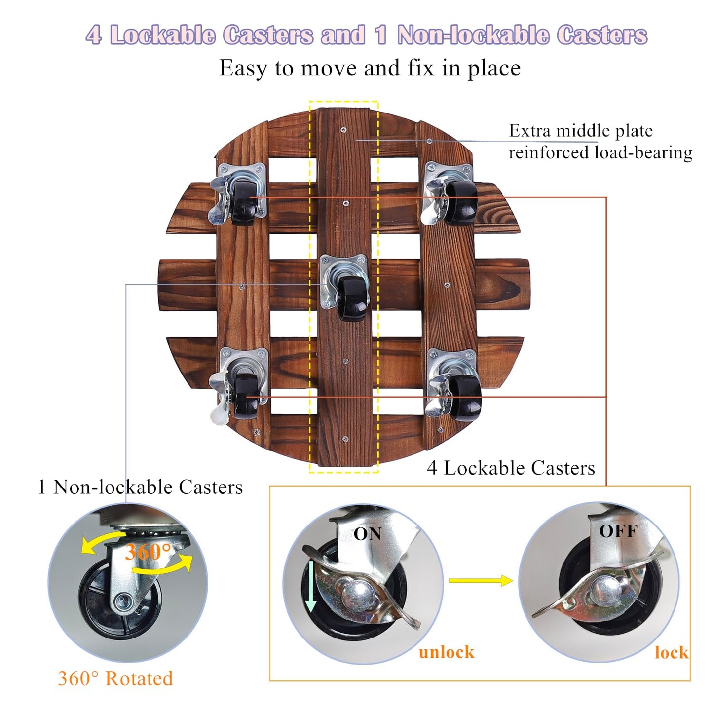 2 Pack Plant Caddy with 5 Wheels, 14" + 12" Rolling Plant Stand 220 LB Heavy Duty Wooden Round Plant Dolly with Metal 360° Lockable Caster Wheels for Outdoor Indoor Large Plant Pots, Flower Pot, Patio