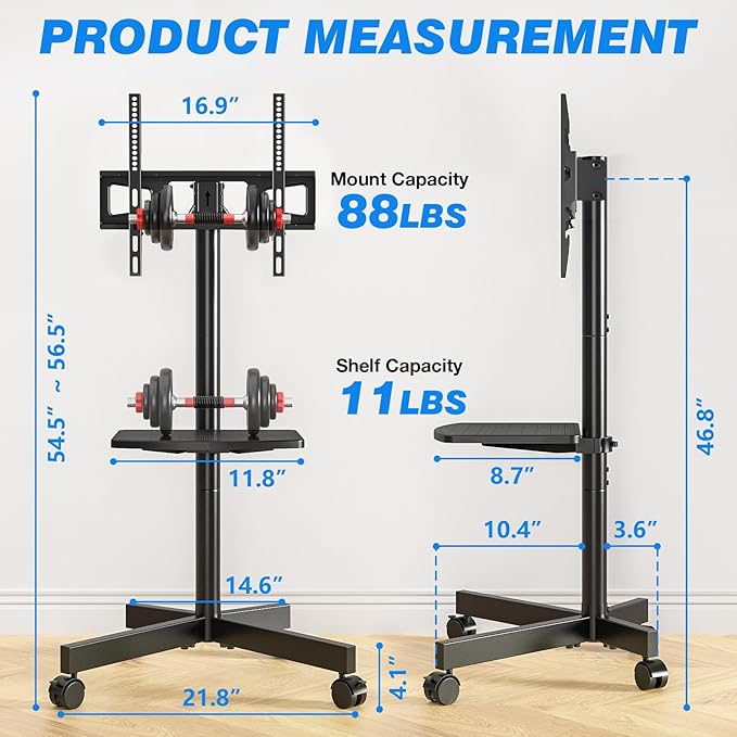 Rolling TV Stand with Shelf for 23-65 inch TVs up to 88lbs, Portable Mobile TV