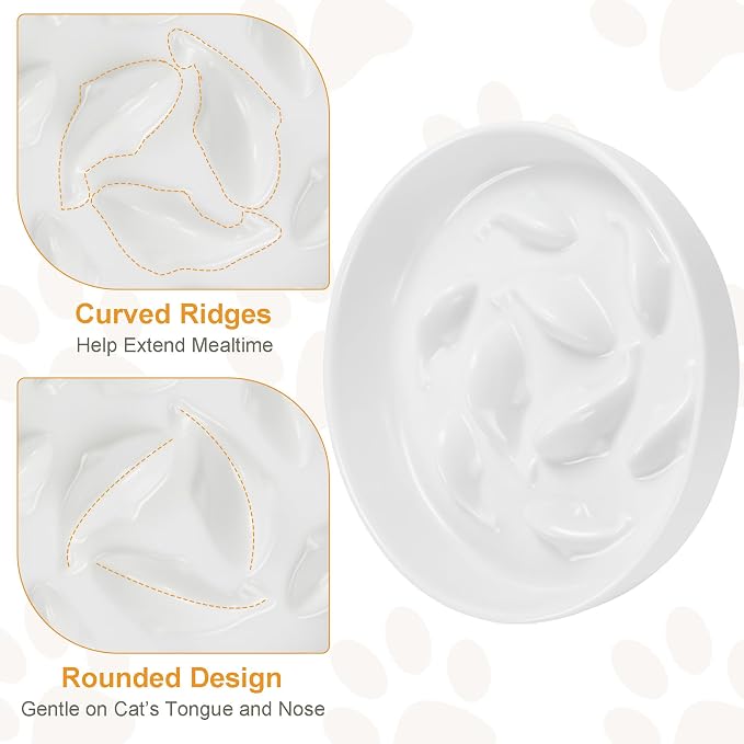 Anti-Bloat Ceramic Slow Feeder Bowl - Fish Pool Design Interactive Puzzle Feeder for Cats & Small Dogs, Food-Safe Porcelain Healthy Eating Dish (White-Ceramic)