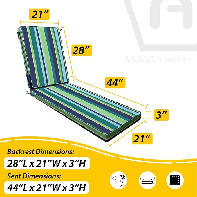 AAAAAcessories Outdoor Chaise Lounge Cushions, Fade-Resistant, Waterproof Patio