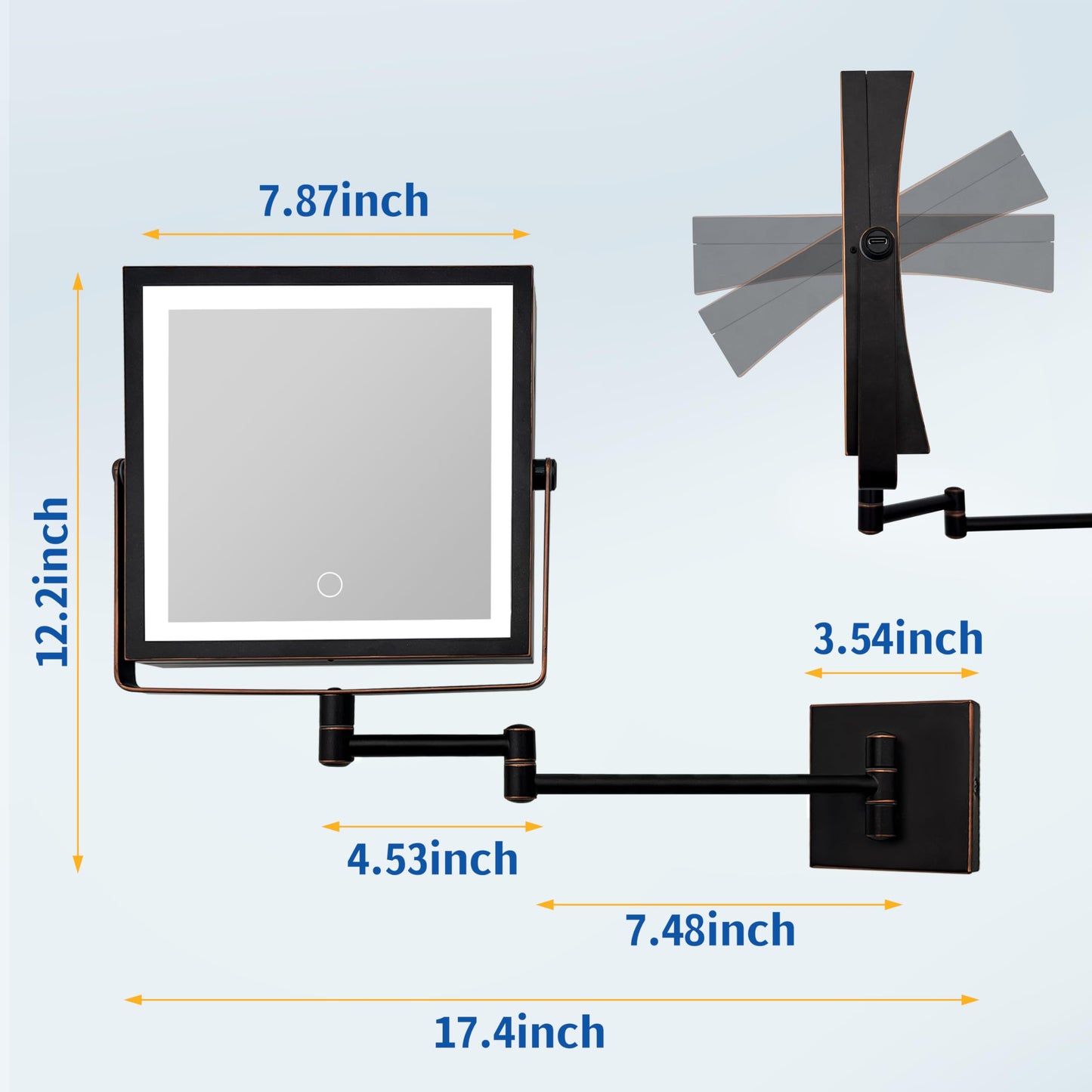 Ruacq Rechargeable Wall Mounted Makeup Mirror with Lights, Double Sided 1X/10X Magnifying Vanity Mirror with 3 Color Lighting, Touch Screen Dimmable, 360° Rotation Extension Foldable Arm(Matte Black)