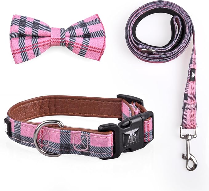 IVY&LANE Dog Collar with Bowtie and Leash Set | Plaid Adjustable Dog Collar | Detachable Bow Tie |5 FT Dog Leash | for Small Medium Large Dogs | Checkered Pink | Large