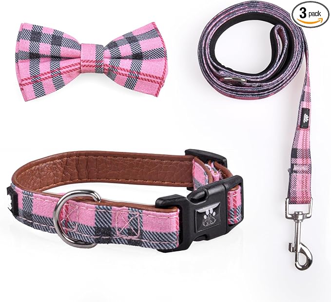 IVY&LANE Dog Collar with Bowtie and Leash Set | Plaid Adjustable Dog Collar | Detachable Bow Tie |5 FT Dog Leash | for Small Medium Large Dogs | Checkered Pink | Small