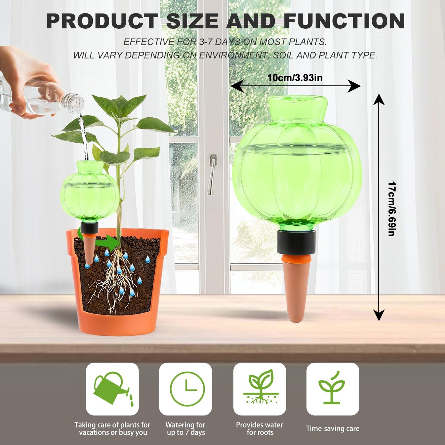 Ansberta 4 Pcs Plant Self Watering Globes, 17oz Large Plastic Water Bulbs Top Fill Watering Globes Slow Release Terracotta, Water Spikes Stakes for Indoor and Outdoor Plants (Green)