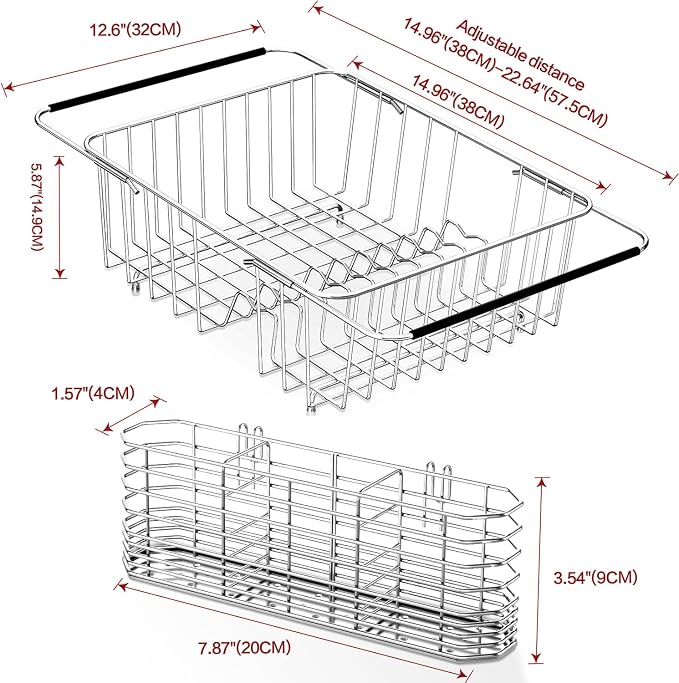 Fanbsy Large Dish Drainer Rack in Sink Adjustable, Expandable 304 Stainless Steel Metal Dish Drying Rack Organizer with Stainless Steel Utensil Holder Over Inside Sink Counter, Rustproof