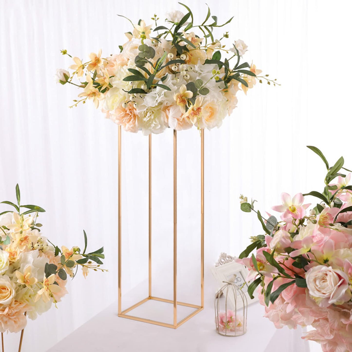 Gold Wedding Flower Stands, Set of 2 Metal Vases Column Geometric Wedding Table Display Centerpieces 31½ inches Tall Floral Decoration Holders for Wedding Party Decor