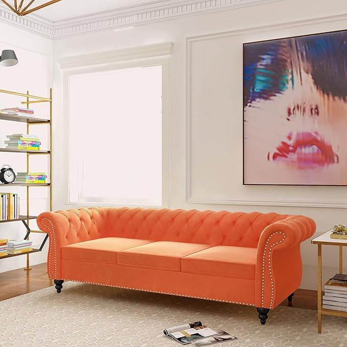 Mid-Century 3 Seater Sofa, Velvet Couch
