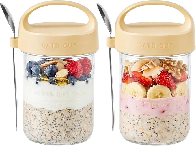 2Pack Overnight Oats Containers with Lids and Handle,14 oz Airtight Oatmeal Container,Mason Jars with Lid for Cereal,Milk,Fruit,Yogurt,On The Go Container,Salad Jars,Glass Jars (Yellow)