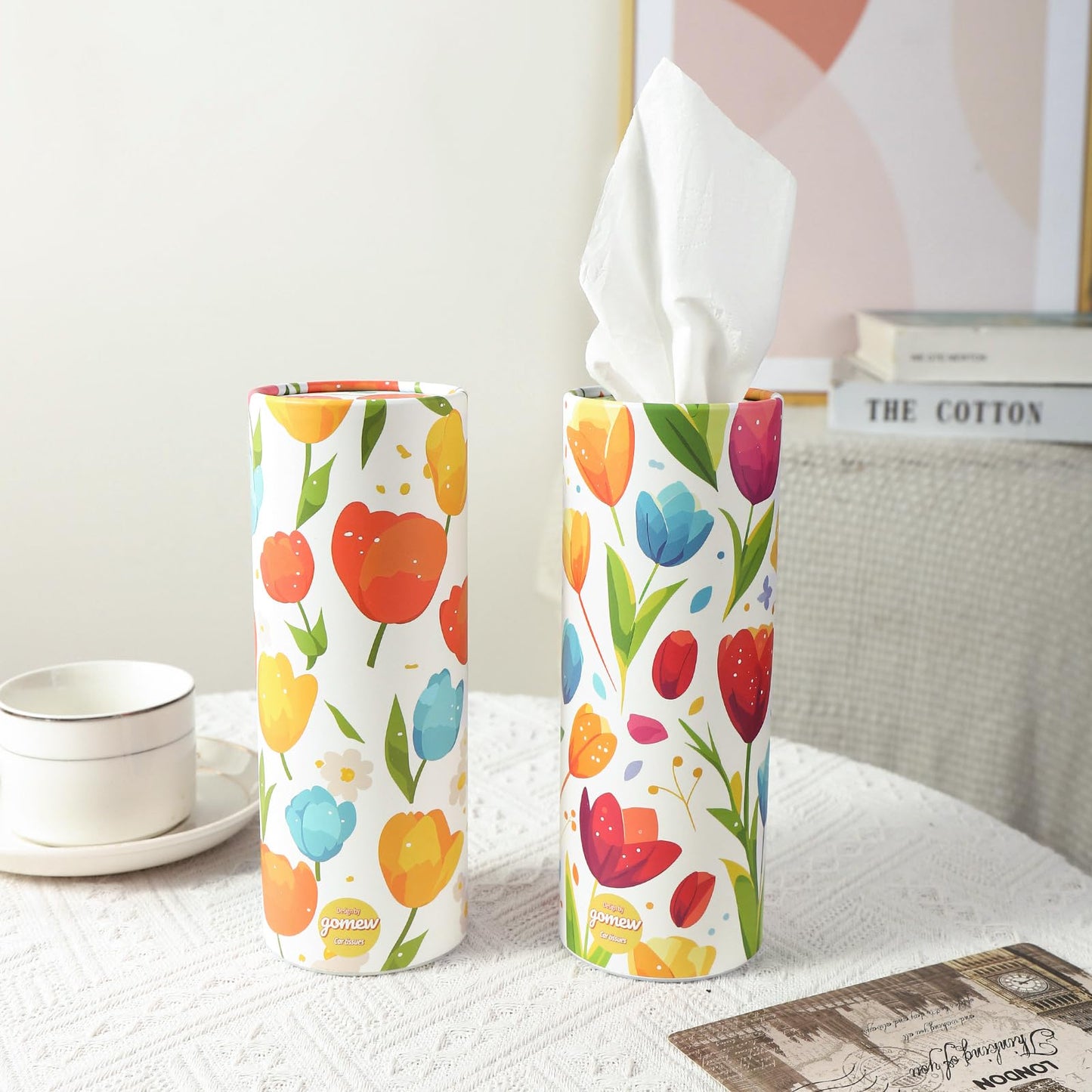 GOMEW Car Tissue Holder (4 PK) - 50 3-Ply Tissues per Cylinder, Fits Car Cup Holders, Portable Travel Tubes Box Container, Tulip Design, Round Tissue Container for Car Accessories