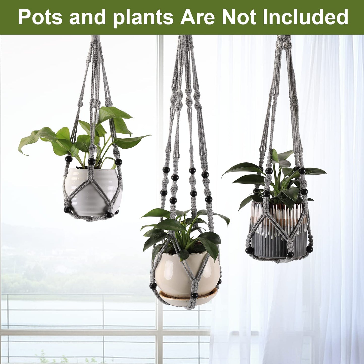 MKO SHUN 3-Pack Macrame Plant Hanger Indoor - Hanging Planter Basket for Indoor Outdoor - Decorative Boho Plant Holders Set with Beads - Ceiling Flower Pot Holder with 6 Hooks - 35"/30"/24" Gray