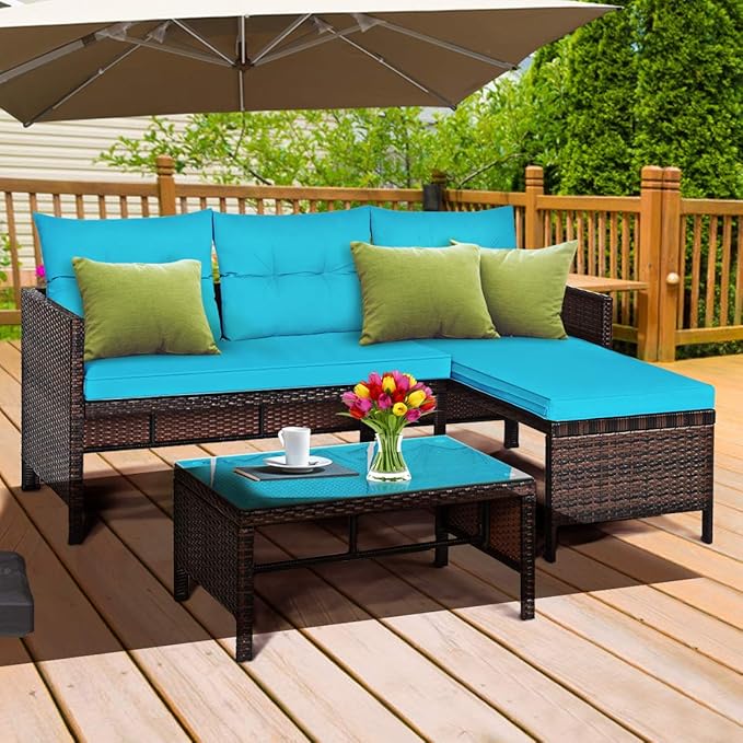 Tangkula Patio Corner Sofa Set 3 Piece, Outdoor Rattan Sofa Set, Includes
