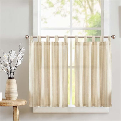 jinchan Tab Top Linen Kitchen Curtains 24 Inches Striped Tier Curtains Farmhouse Modern Cafe Style Small Window Treatments Airy Light Filtering Rod Pocket for Living Room Bathroom 2 Panels Beige