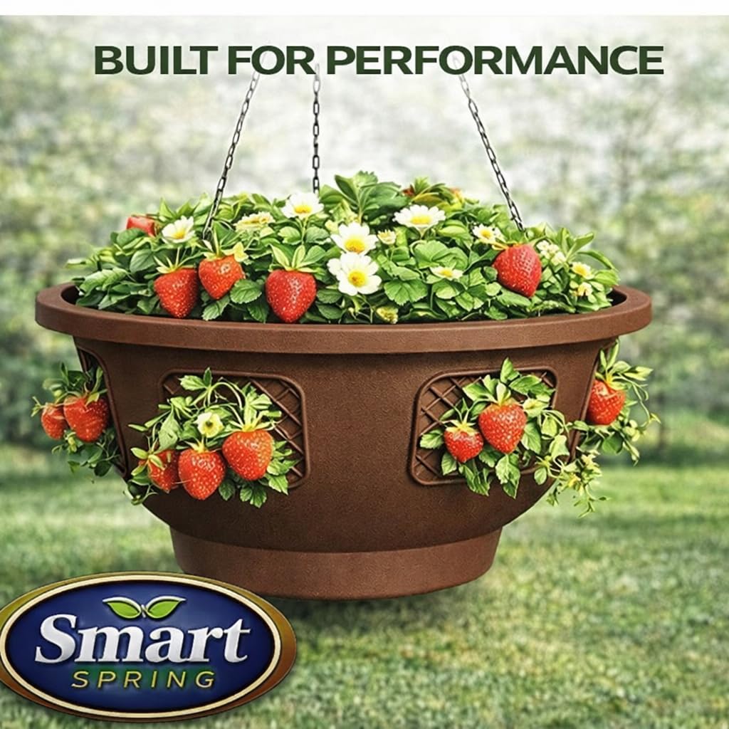 smart spring Ultimate Hanging Baskets - Strawberry, Tomato, Flower, and Herb Outdoor Planters - Use Garden Pots for Growing Plants Outside On A Deck, Fence, or Balcony (Mocha 2pk)