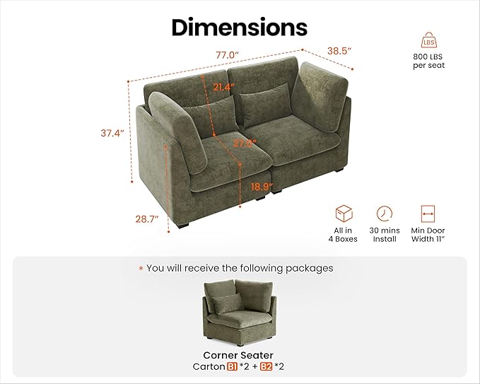 77" Oversized Chenille Couch Modular Sectional Sofa, Washable Cloud Couch