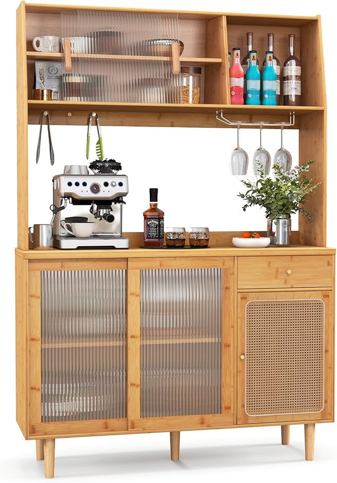 Giantex Pantry Cabinet, Microwave Countertop, Glass Holder, Freestanding Buffet
