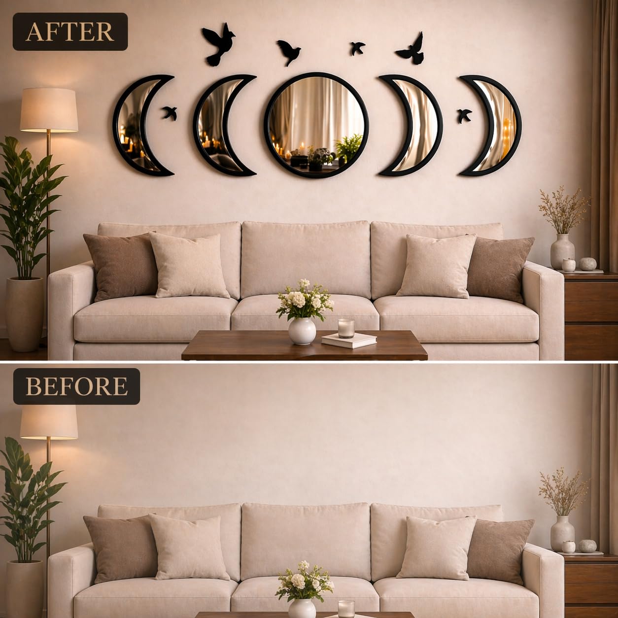NESHE Moon Phase Mirror Wall Decor Set with Birds | Gothic Witchy Boho Wall Mirror Decor | Scandinavian Aesthetic Home Decor for Bedroom Living Room (Black)