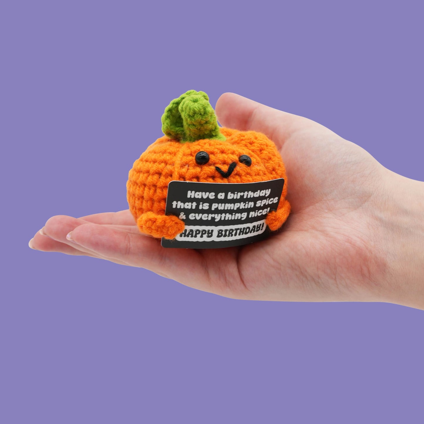 GOOFBALLS Happy Birthday Crochet Figurine – Cute Handmade Knitted Plush Decoration, Small Desk Decor Gift, Birthday Party Table Topper & Keepsake - Pumpkin
