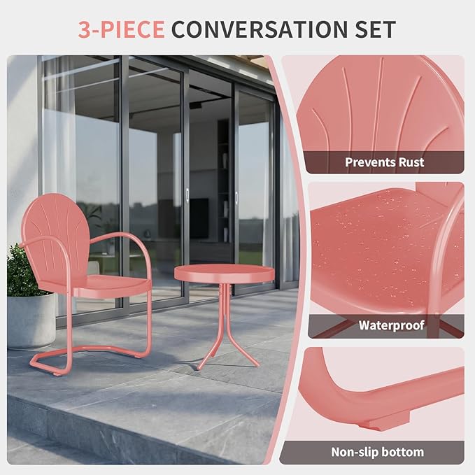 Patio Bistro Set Retro Metal Outdoor Seating Conversation 3 Pieces, 2 C-Spring