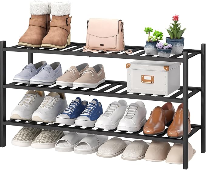 viewcare 3-Tier Long Black Shoe Rack, Bamboo Wood Shoe Rack