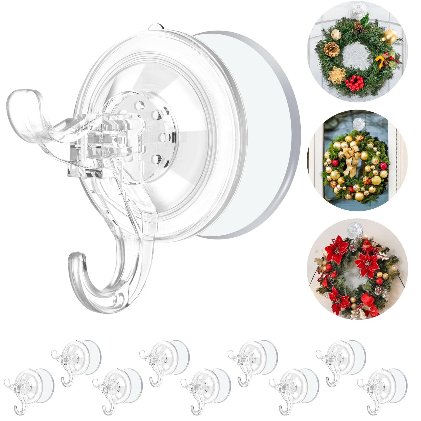 AENTGIU 10 Pack Clear Suction Cup Wreath Hanger, Heavy Duty Shower Suction Cup Hooks with Adhesive Suction Tab, Removable Strong Front Door Hooks for Hanging Wreath Ideal for Glass, Windows, Doors