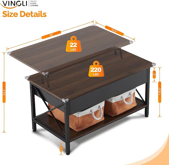 VINGLI 36" Lift Top Coffee Table