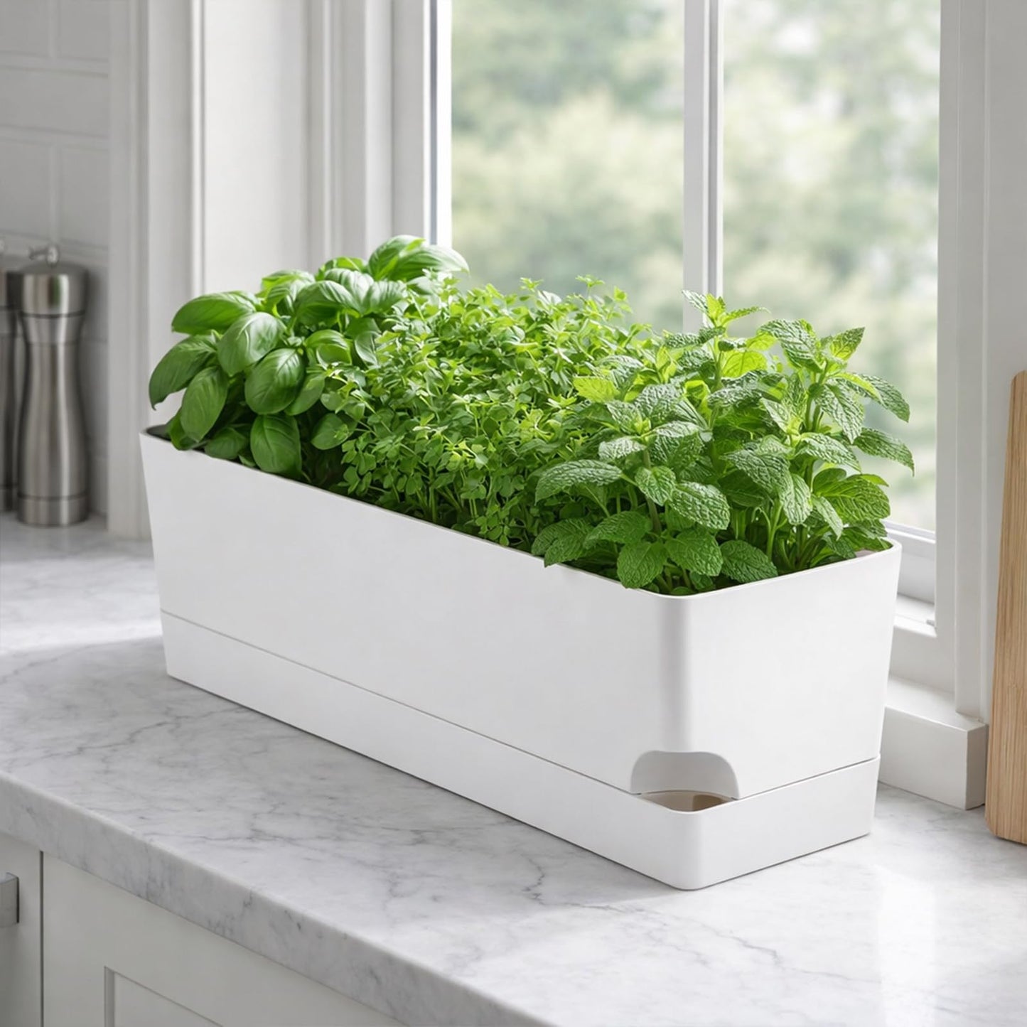 Party Zealot Window Boxes Planters, 3 Pack Self Watering Pots for Indoor Plants 17 Inch Rectangular Planter Rectangle Flower Pots Long Plant Pot Large Window Sill Herb Planter Box, White