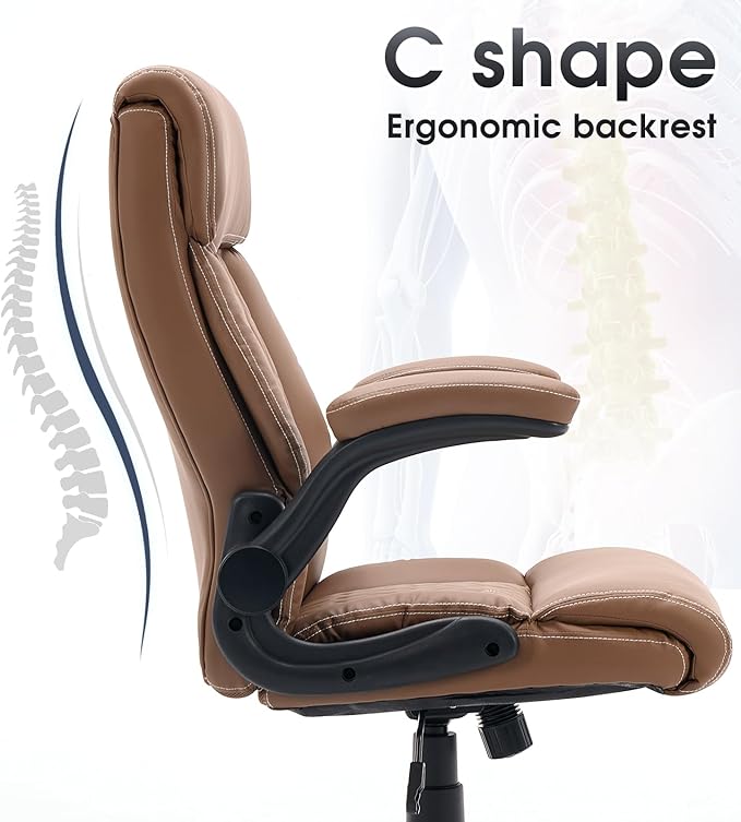 High Back Office Chair with Flip-up Armrests, Leather Comfy Desk Chair with