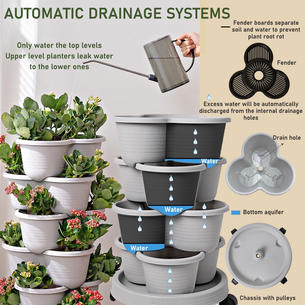 Birheatry Vertical Strawberry Planter 3 Tier Hanging Vertical Gardening Stackable Planter, Hanging Strawberry Planter Pot for Strawberries, Flowers, Herbs, Vegetables with Removable Wheels and Hooks