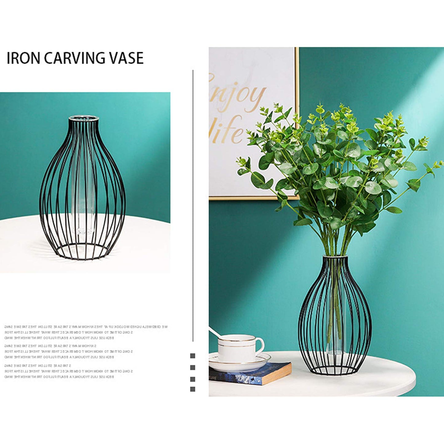 Metal Frame Vase Geometric Glass Flower Vase, Lantern Shape Glass Test Tube Vase, Modern Creative Clear Tube Glass Planter Terrariums with Geometric Metal Stand for Decor Office Home (Black B)
