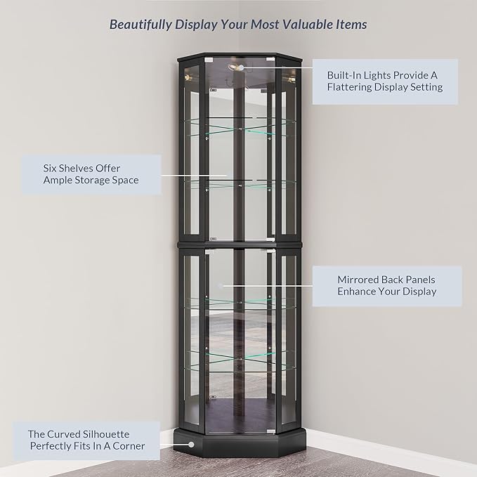 BELLEZE Lighted 3-Side Glass Display Curio Cabinet