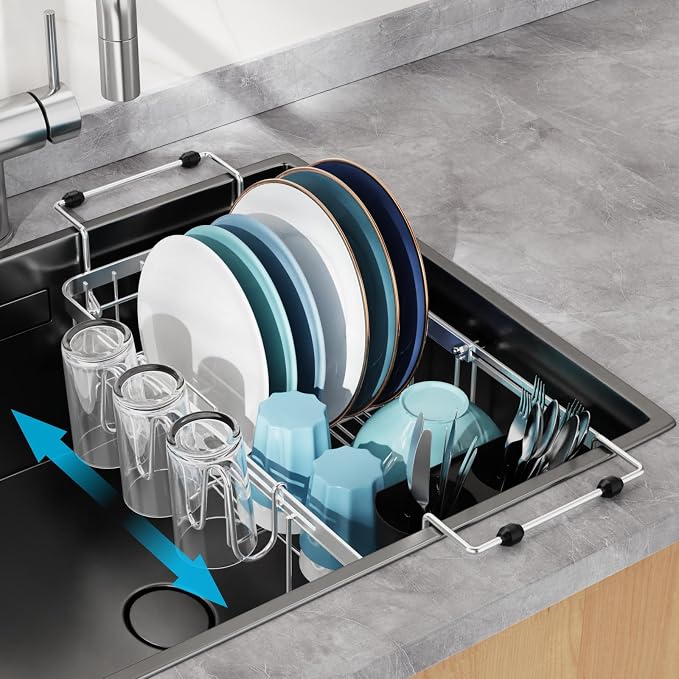 GSlife Small Sink Dish Drying Rack with Cup Holder - Expandable Stainless Steel Compact Dish Drainer for RV, Camper, Kitchen, Dish Strainer with Locking Knob, Fit Sink 11.9"-16.7" L, Silver