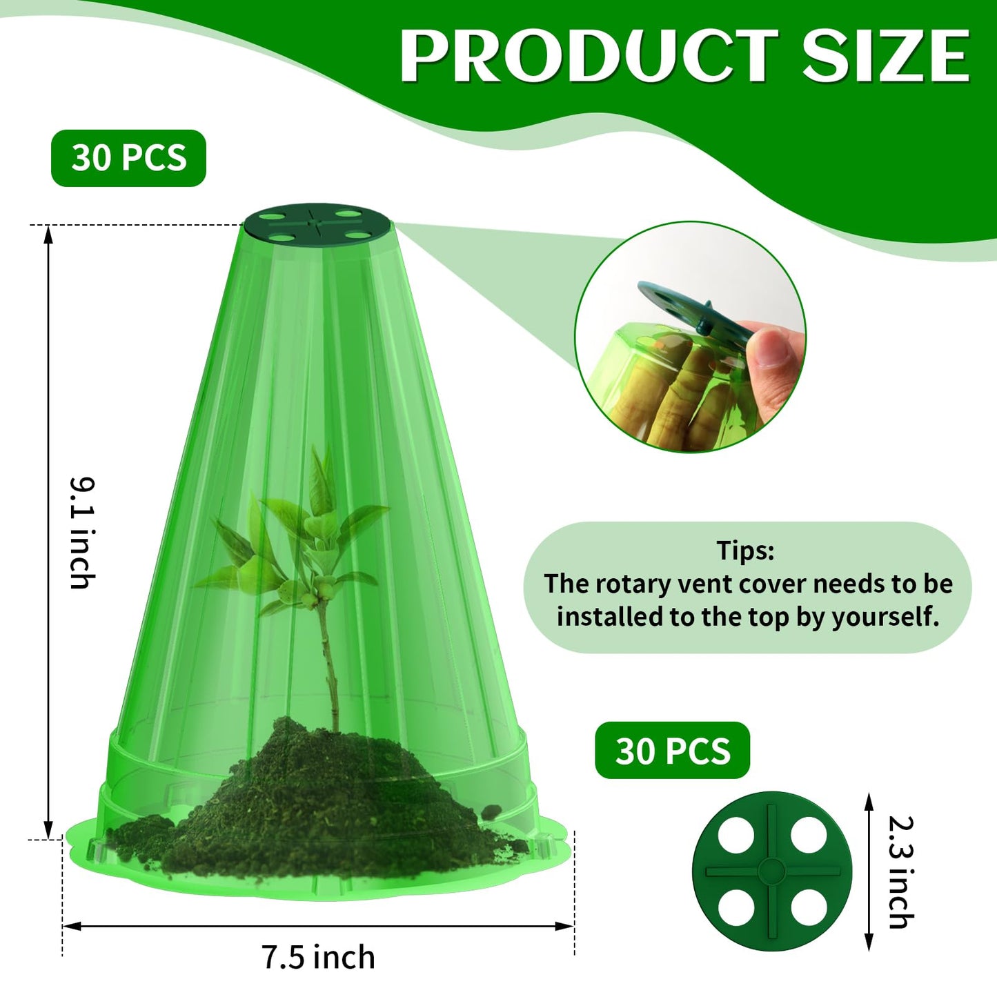 Webuys Garden Cloches for Plants, 30 Pack Garden Cloche with Rotary Vent, Reusable Bell Plant Covers, Plant Cloche Protectors from Animals Snails Birds Chickens, 7.9" H X 6.7" D (Green)