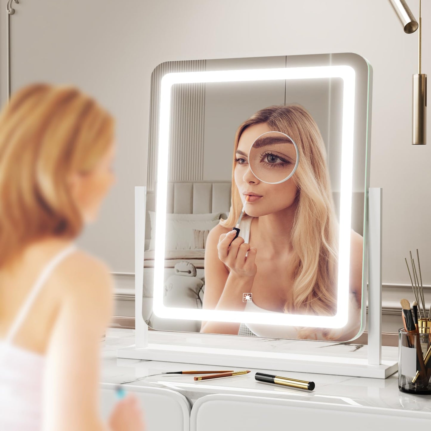 Makeup Vanity Mirror with Lights 15.2" Large LED Lighted Mirror, Hollywood Make Up Mirror with Lighting for Bedroom Tabletop, Smart Touch,Detachable 10X Magnification 360° Rotation, (White)