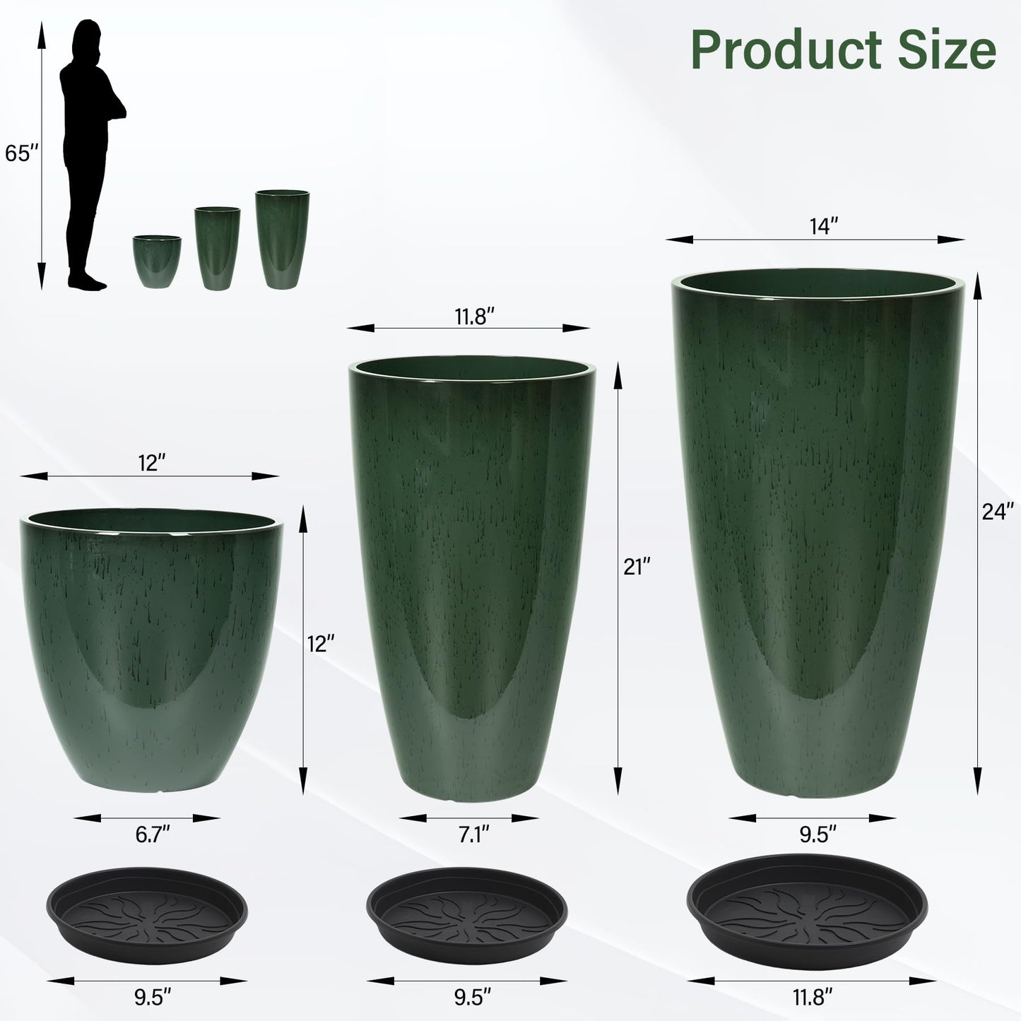 Neoaider 24/21/12 Inch Large Plastic Planter, Lightweight Ceramic-Look Tall Planters with Drain Hole & Saucers, Tall Plastic Planters for Porch, Garden, Patio, Balcony(Dark Green)