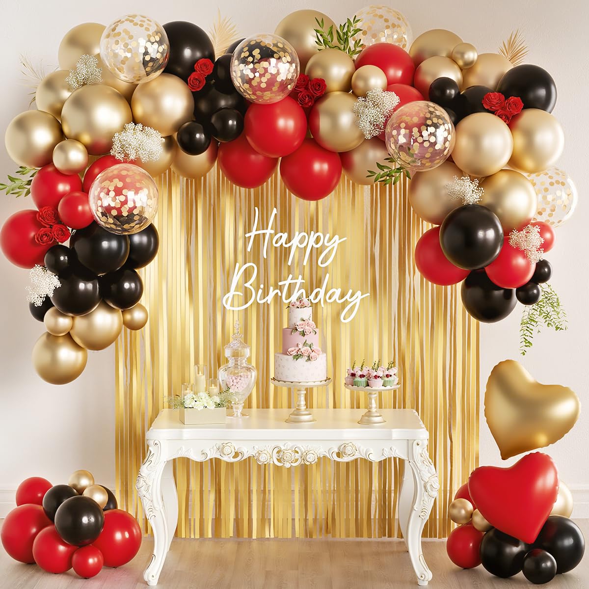 157Pcs Red Black Gold Balloons Garland Arch Kit with Glitter Fringe Curtain Backdrop for Adults Masquerade Halloween New Year Eve Casino Birthday Party Decorations